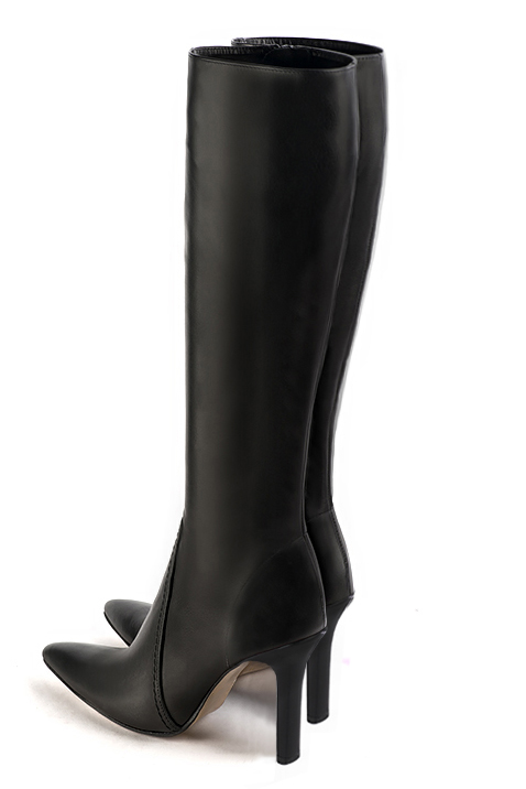 Satin black women's feminine knee-high boots. Tapered toe. Very high slim heel. Made to measure. Rear view - Florence KOOIJMAN